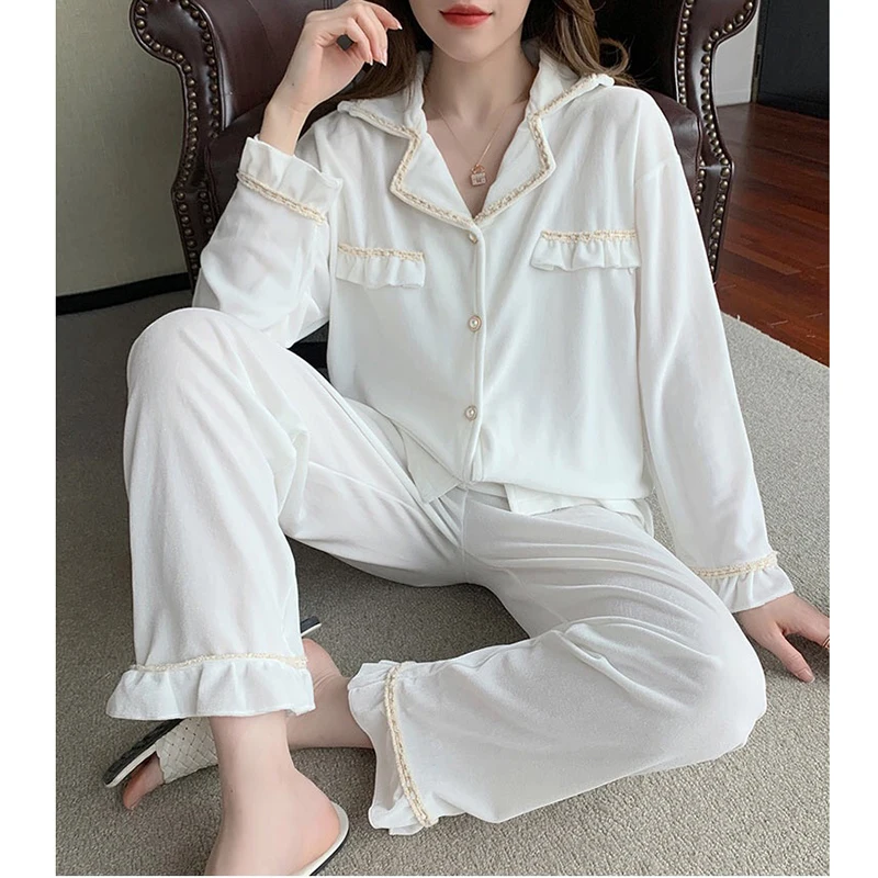 Women Velvet Comfortable Soft Pajamas Spring Autumn Winter Solid Color Pajamas Set Home Clothes