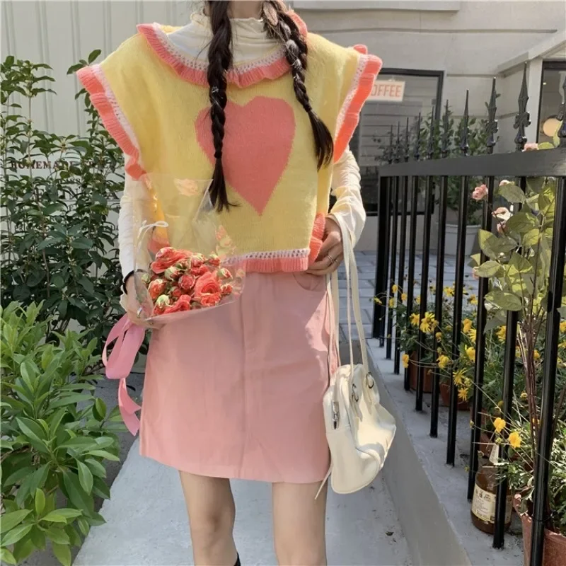 Винтажный свитер жилет для женщин эстетический кавайный принт с оборками летняя