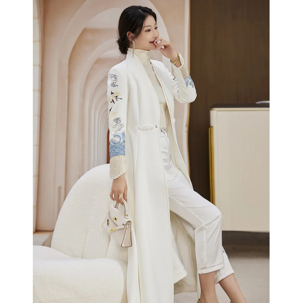 Женский Длинный Тренч в китайском стиле Элегантное длинное пальто с V-образным