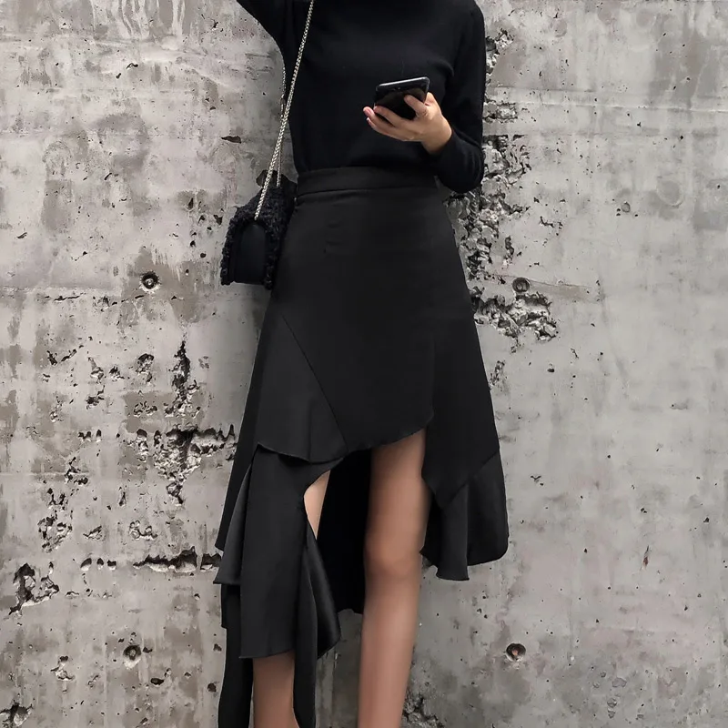 

Korean Elegant OL All-Match Skirts for Women Solid Chic Bottoms 2021 Women's Summer High Waist Irregular Black Fishtail Skirt