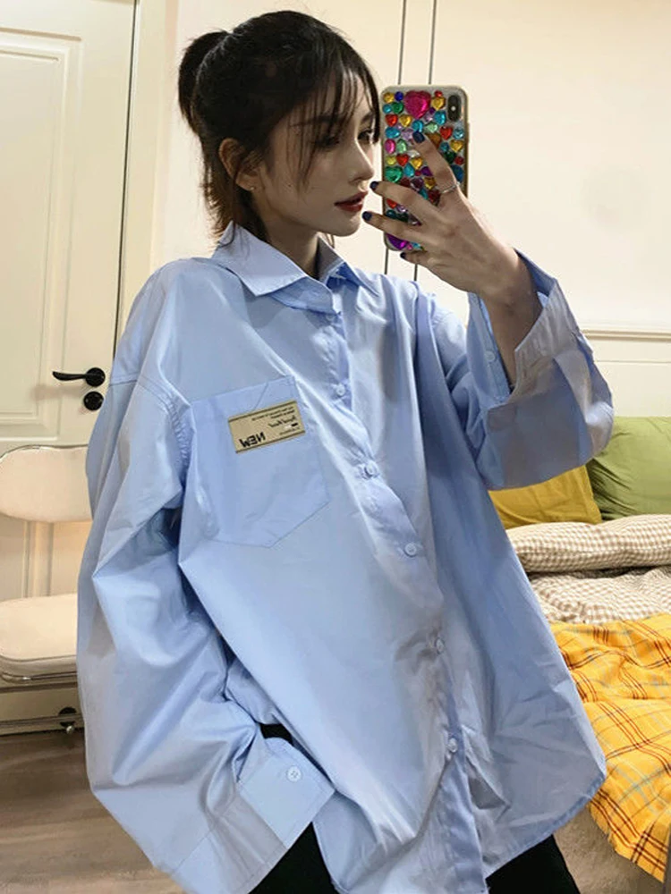 

Zoki Letter Print Oversize Loose Women Casual Shirt Korean Long Sleeve Pocket Blouse Fashion Preppy Style Spring Student Top New