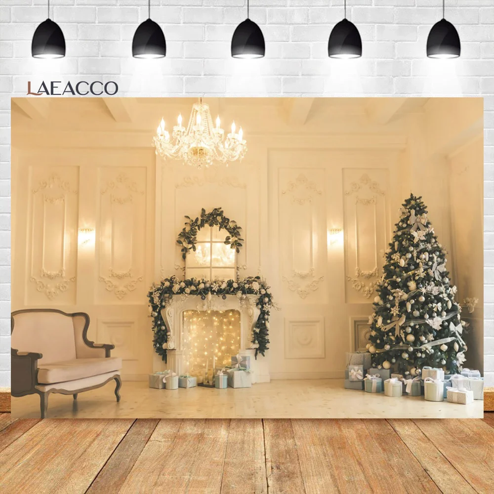 

Laeacco Christmas Fireplace Photo Backdrop Luxury Interior Xmas Trees Gift Decor Kids Adults Portrait Photography Background