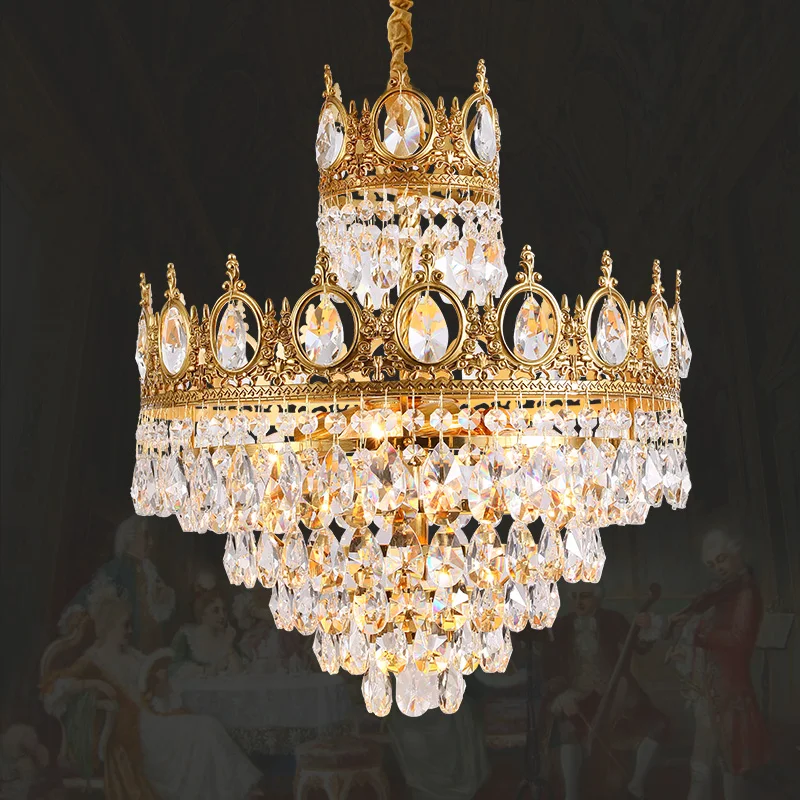 

French Style Designer Brass Crystal Hanging Pendant Light Entryway Corridor Dining Room Stair Golden Copper Led Chandelier