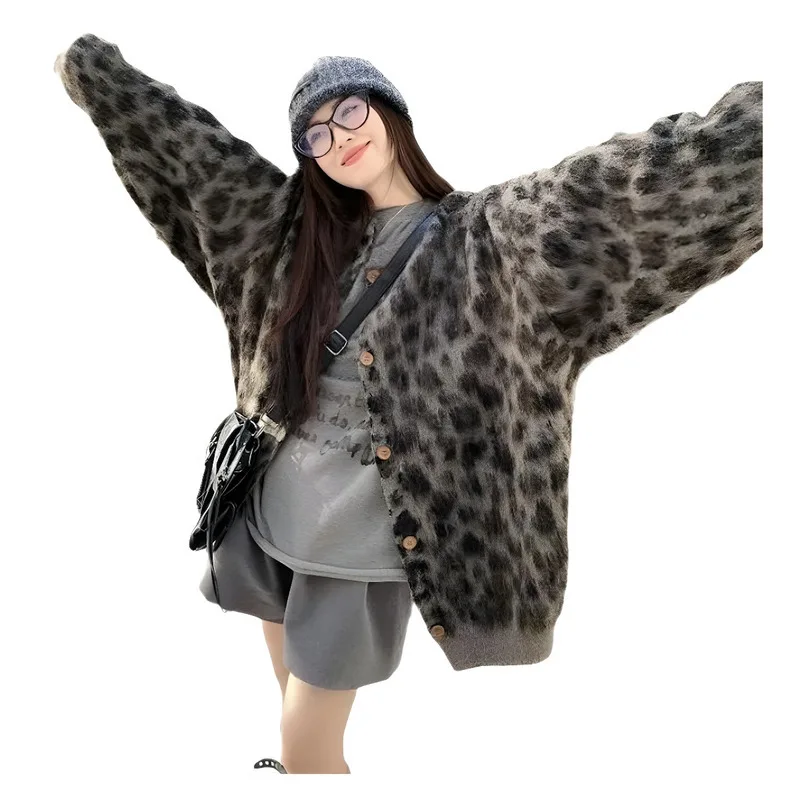 JY Новый женский кардиган модный свитер с леопардовым принтом вязаный