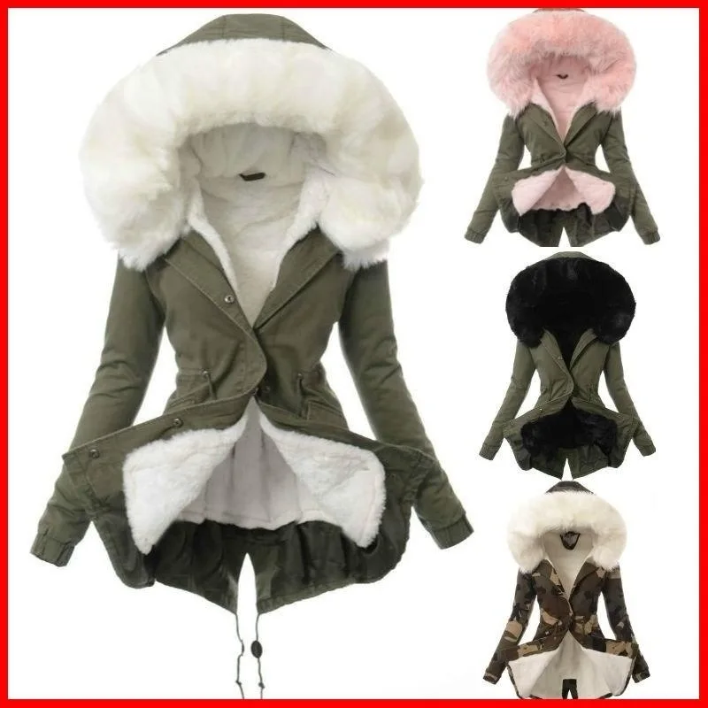 

Large wool collar thickened women's cotton padded jacket Medium long winter warm plush overcoat thickened cotton padded jacket