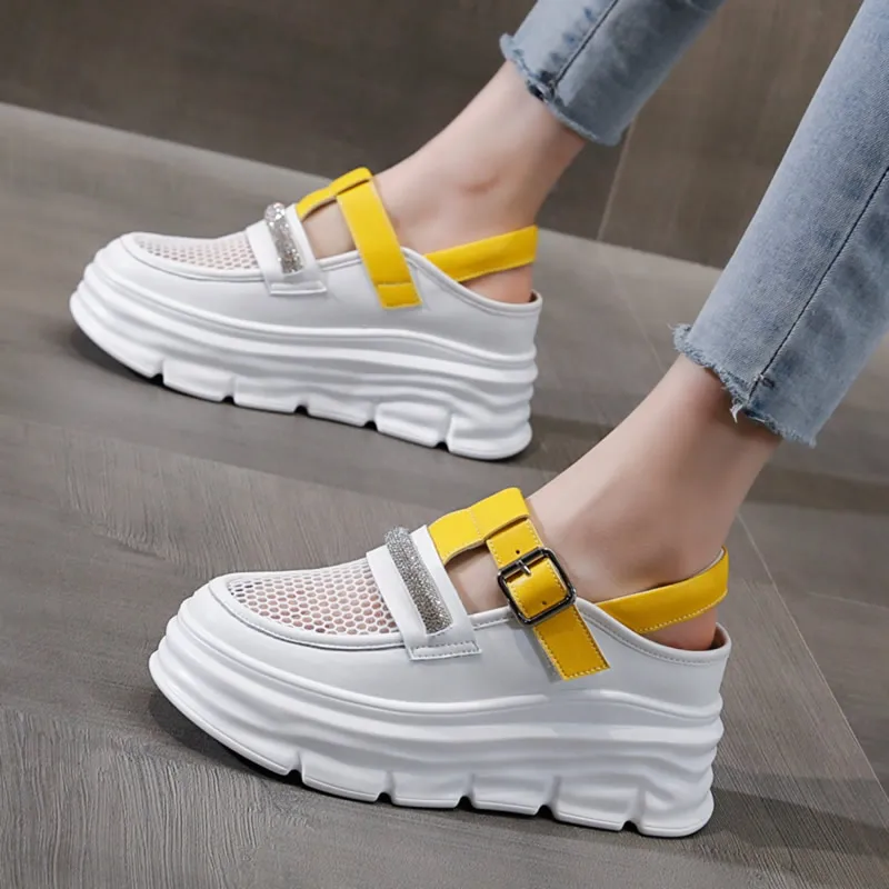 Designer Rhinestone Sports Sandals Sneaker Women Summer Shoes 2023 Genuine Leather Platform Sandal Hollow Mesh Slides Flip Flops