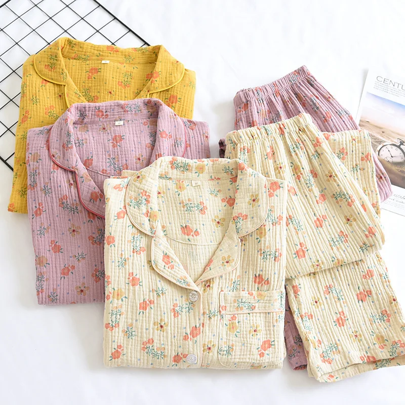 Women Pajamas Set Crepe Cotton Pyjamas Set 2 Pieces Set Sleepwear For Spring and Summer Turn-Down Collar Floral Print Homewear