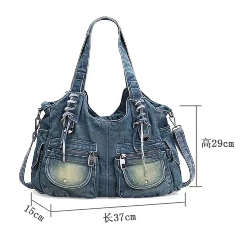 Women Bag Jeans Tote Vintage Shoulder Bag Casual Denim Zipper Handbag Large Capacity Weave tape Creative Fashion Messenger Bag
