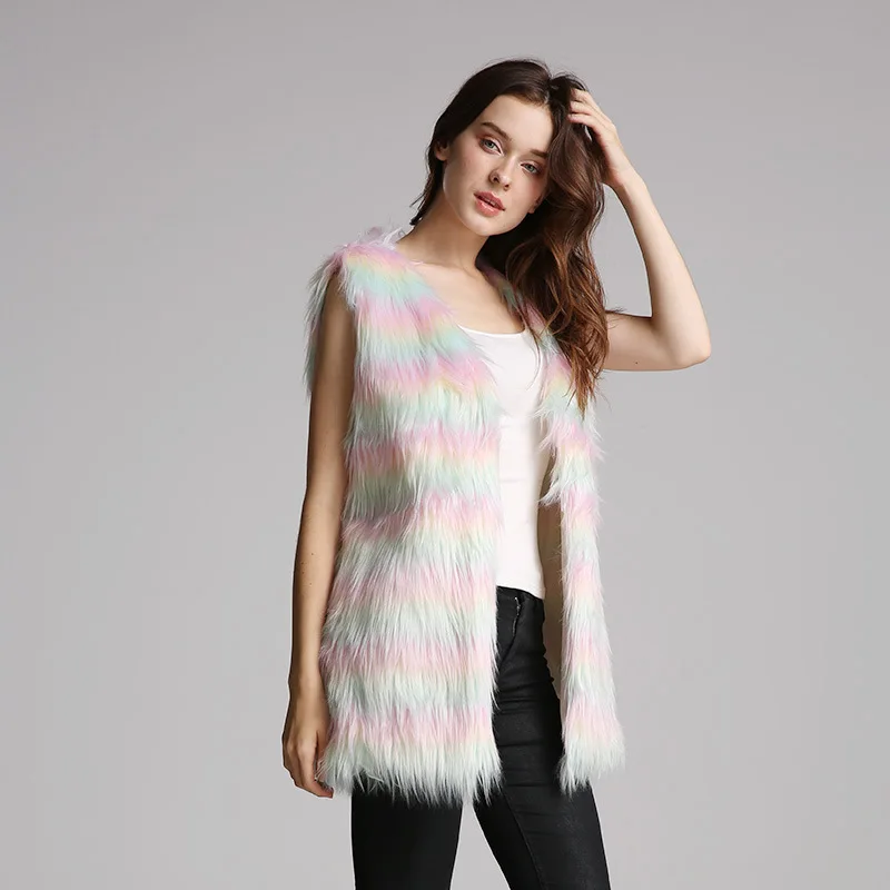 Women's Large Size Fur Vests Color Imitation Fur Vest Women's Mid-Length Artificial Fur Vest Faux Fur Coat