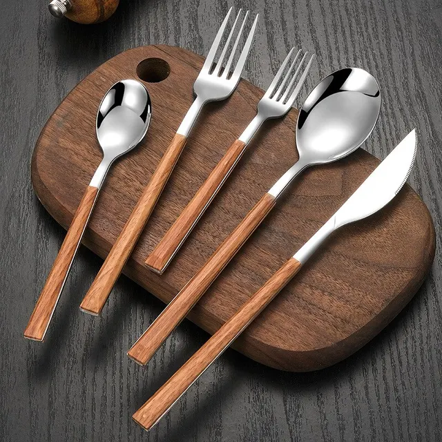 30pcs Stainless Steel Imitation Wooden Handle Cutlery Set Dinnerware Clamp Western Tableware Knife Fork Tea Spoon 2