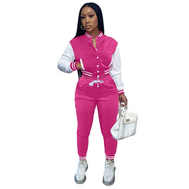 

Tracksuit Two Piece Set Women Baseball Jacket Crop Tops Outfits Spring Fashion Splice Street Style Casual Sweat Pant Suits Sets