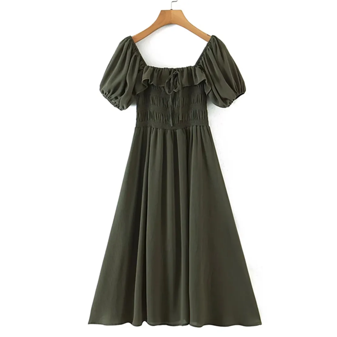 

Женское платье-миди с воланом, квадратным вырезом и рукавами-фонариками