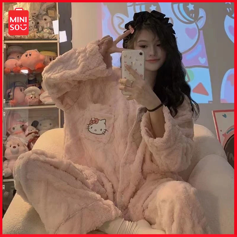 

New Miniso Hellokitty Kawaii Sanrio Pajamas Female Fall Winter Padded Thickened Sweet Warm Homewear Suit Long-Sleeved Cardigan