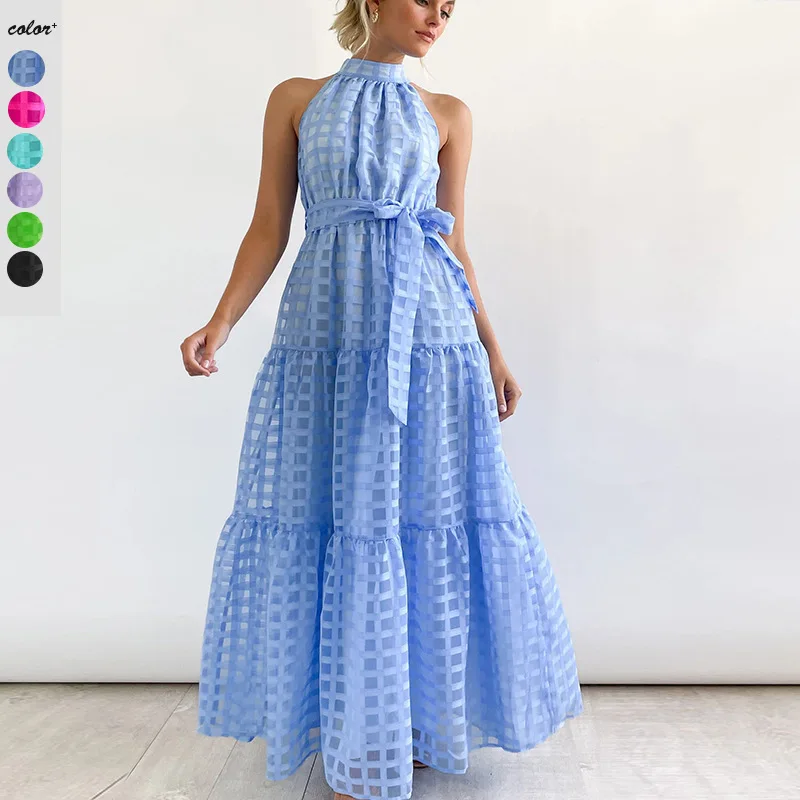 Новинка весна-лето 2024 модное однотонное платье с лямкой на шее повседневное