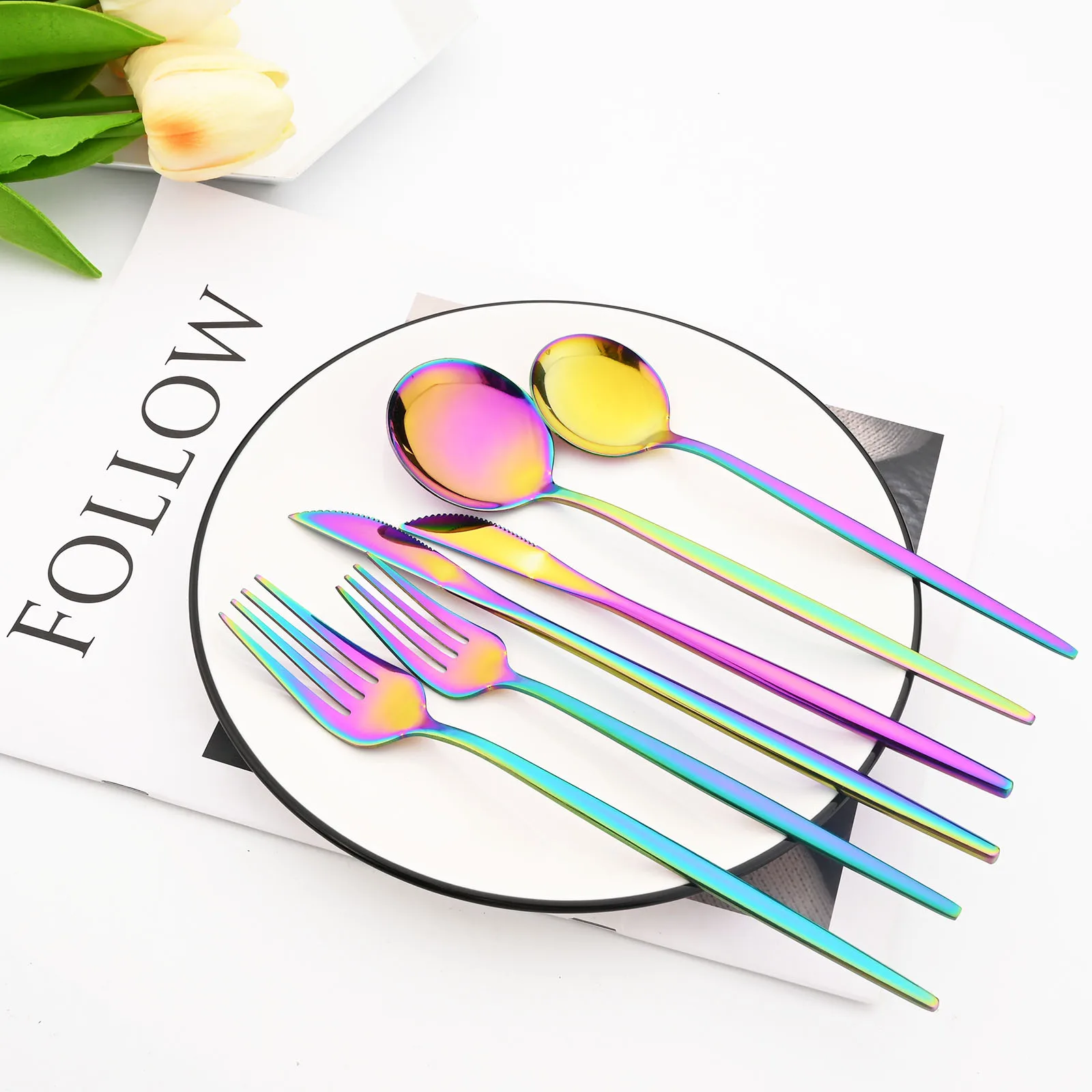 

6Pcs Rainbow Stainless Steel Cutlery Set Dinner Dessert Knife Fork Spoon Dinnerware Set Western Tableware Kitchen Silverware Set