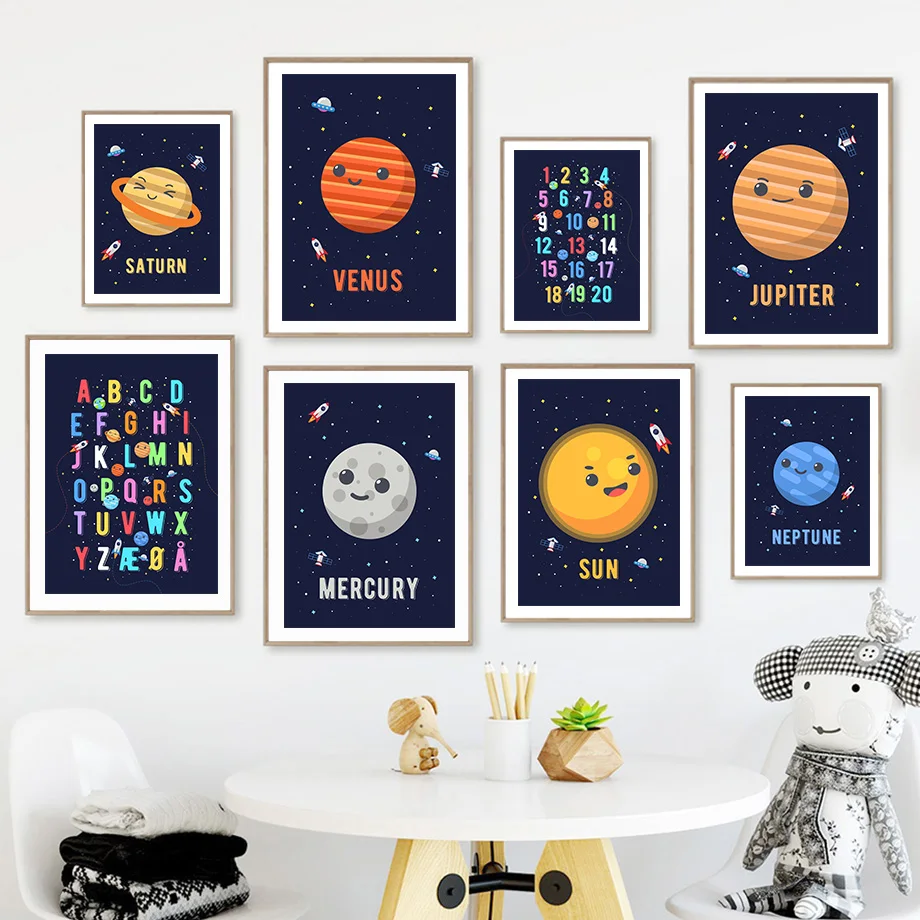 

Planet Rocket Sun Earth Mars Numbers Alphabet Wall Art Canvas Painting Nordic Posters And Prints Wall Pictures Kids Room Decor