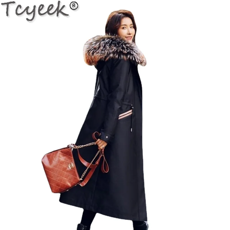 

Winter Jacket Women Clothes Womens Parkas Thicken Outerwear Female Long Rex Rabbit Fur Liner Raccoon Fur Collar Fur In-one Coat