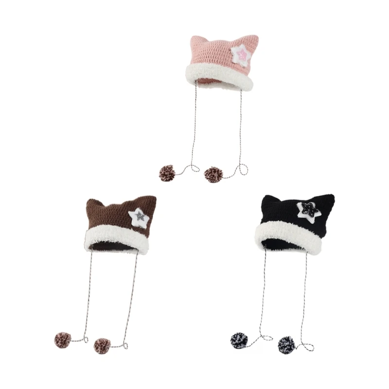 

Girl Cartoon Cat Ear Knit White Brim Beanie Hat Y2K Party Photo Props Hot Girl