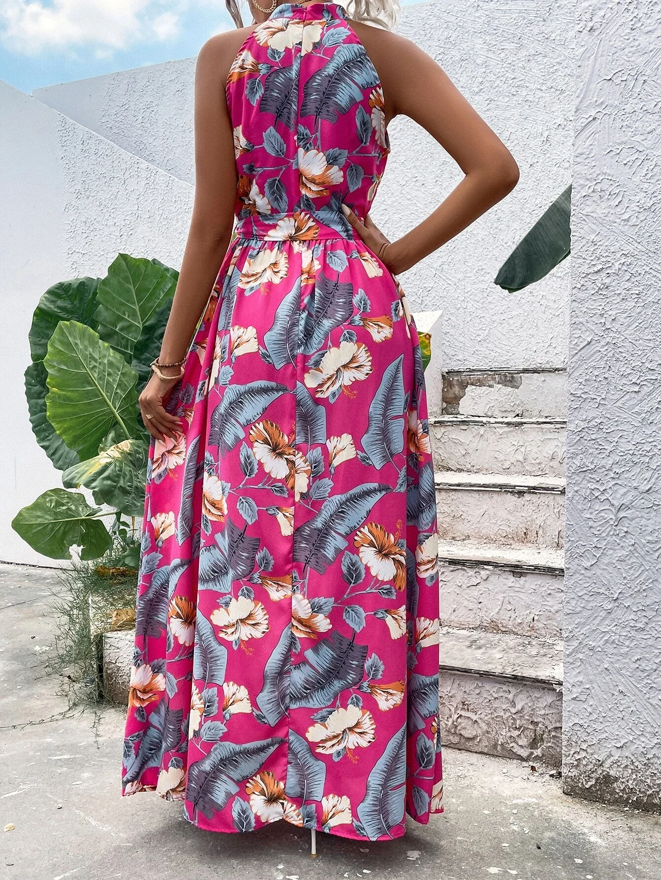 

y2k2022 Women's Tropical A Line Halter Mini Skirt Sexy Deep V Top Boho Halter Feather Dress