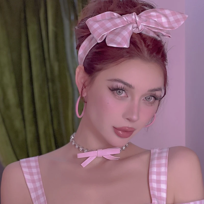 

Le Palais Vintage 2022 Summer New Original Pink Plaid Headband Fashionable Elegant Casual Cute All-match Chic Headwear Women