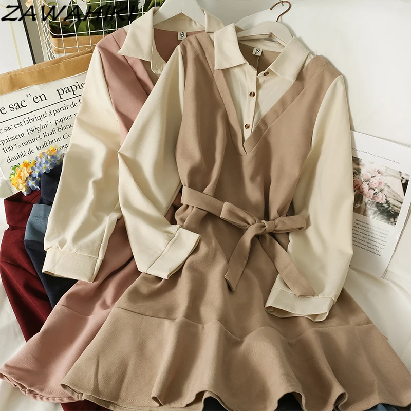 

ZAWAHIKI Fake Two Piece Clothes Long Sleeve Turn Down Collar Dresses Patchwork Contrast Color Bow High Waist Dresses with Belt