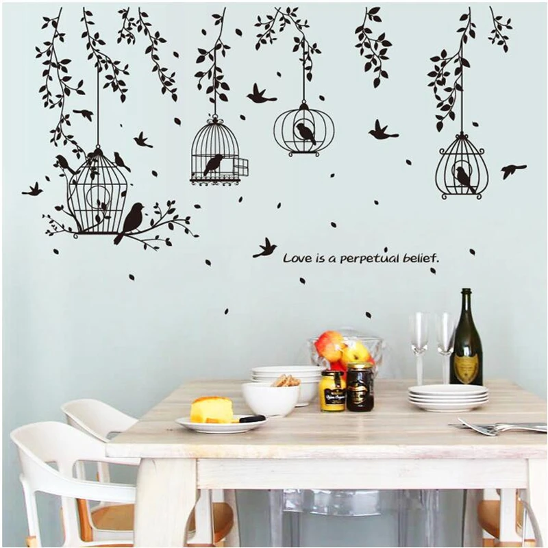 Новые самодельные наклейки черная птичья клетка силуэт листьев домашняя спальня