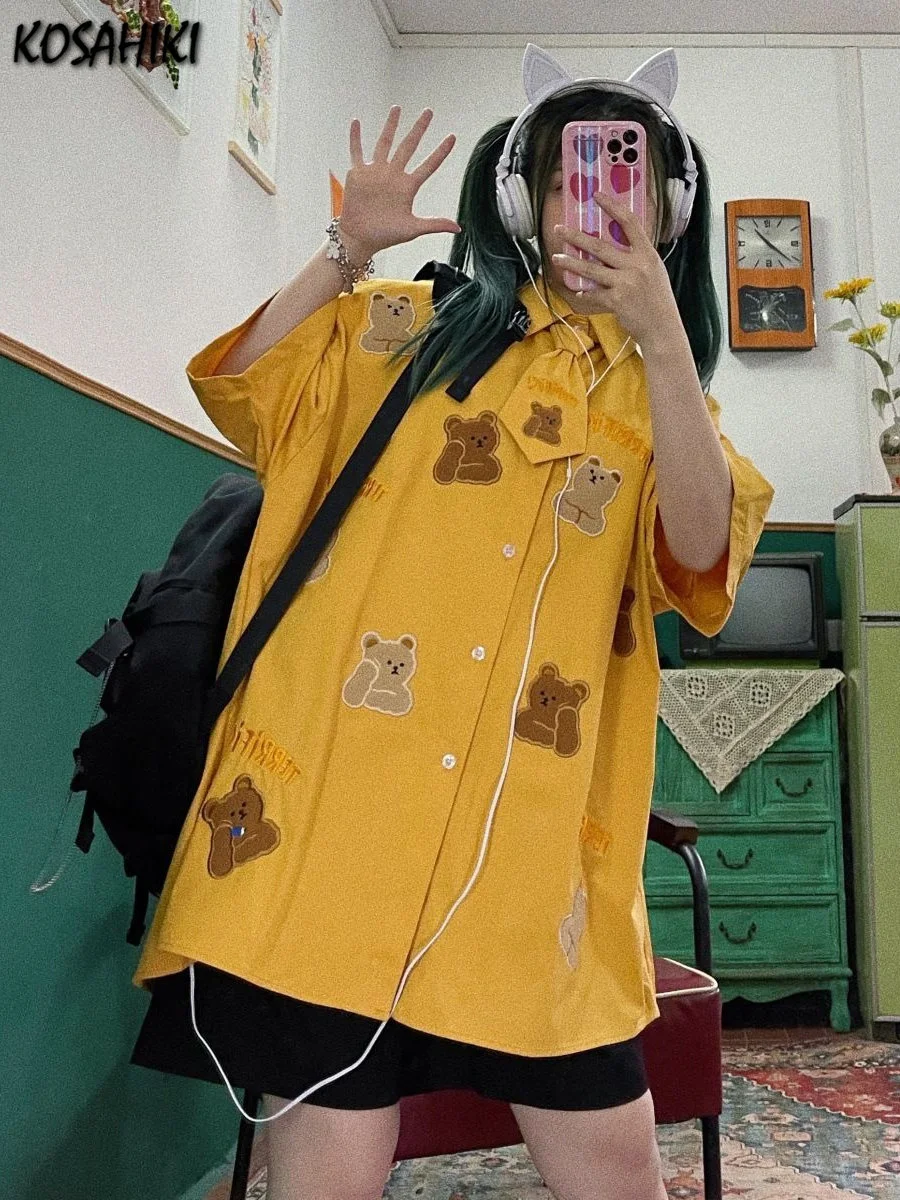 

2023 модная уличная одежда в стиле Харадзюку С мультяшным медведем, Женская вещь 2K, эстетичные Свободные повседневные блузки, универсальные милые рубашки