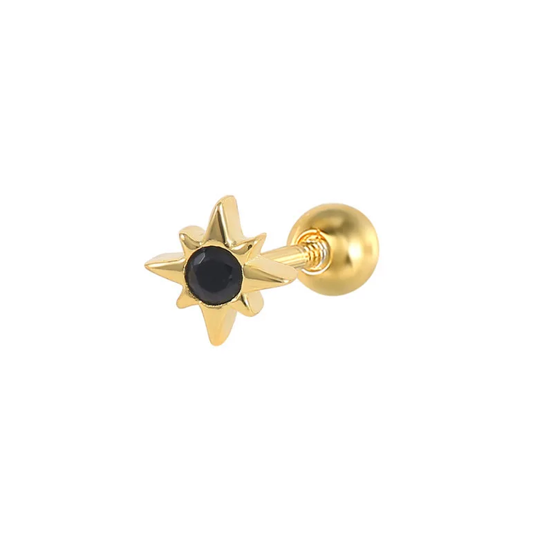 

925 silver Octagonal Star Inlaid Black Zircon screw ear studs mini Ear bone nail gold earrings for women fashion jewelry INS