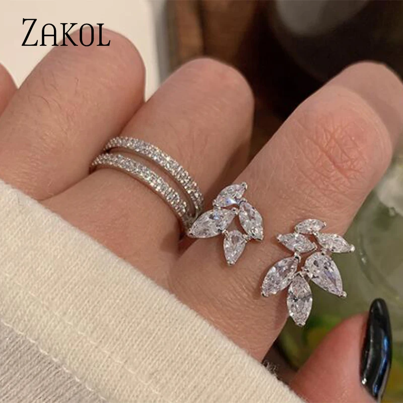 ZAKOL Korea Shiny Cubic cyrkon kształt liścia otwarte pierścienie dla kobiet moda geometria kryształowy palec pierścień Anillos dla Party biżuteria