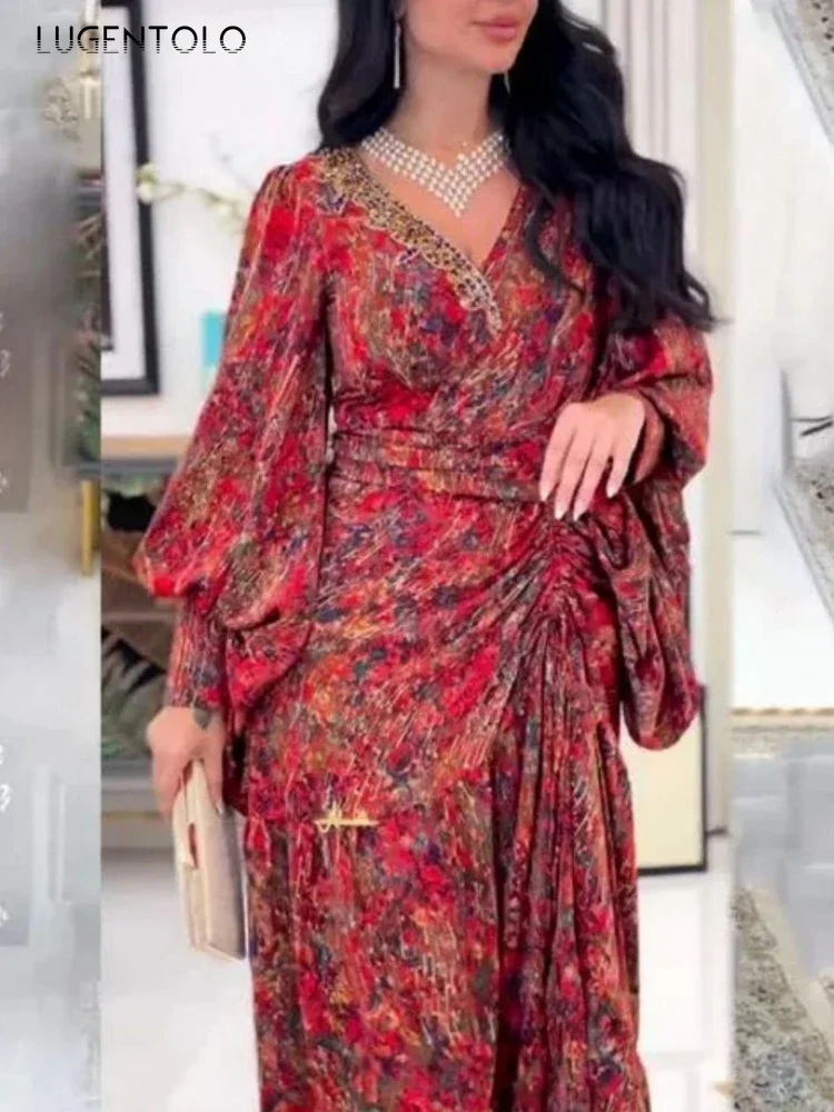 Женское богемное платье-макси с длинным рукавом и цветочным принтом