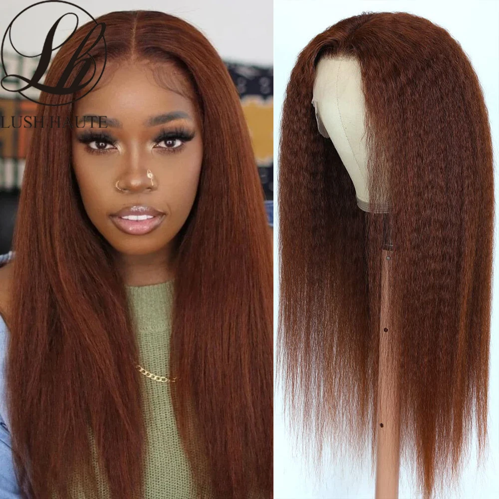 

Kinky Straight Reddish Brown Lace Front Wigs 180% Density Yaki Wigs Synthetic Heat Resistant Natural Brown Afro Wigs For Women