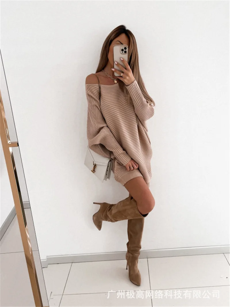 

Women Dress High Waist V Neck Loose Plain Long Sleeve Casual Dress Elastic Mini Fashion Autumn Winter