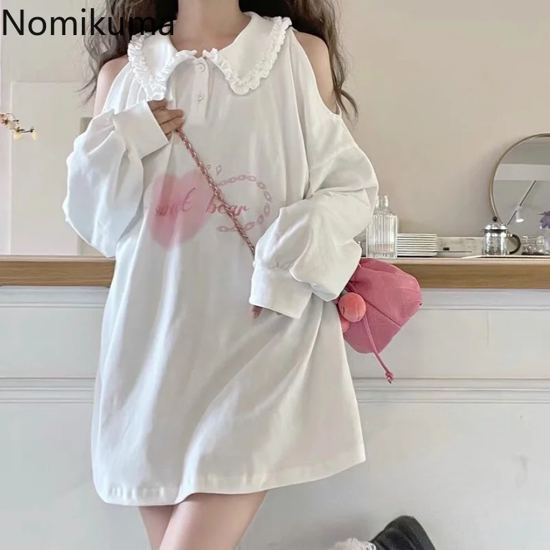 

Nomikuma Blusas Mujer De Moda 2022 Doll Collar Off Shoulder Letter Print Loose Long Sleeve Tees Japanese Sweet Casual T-shirts