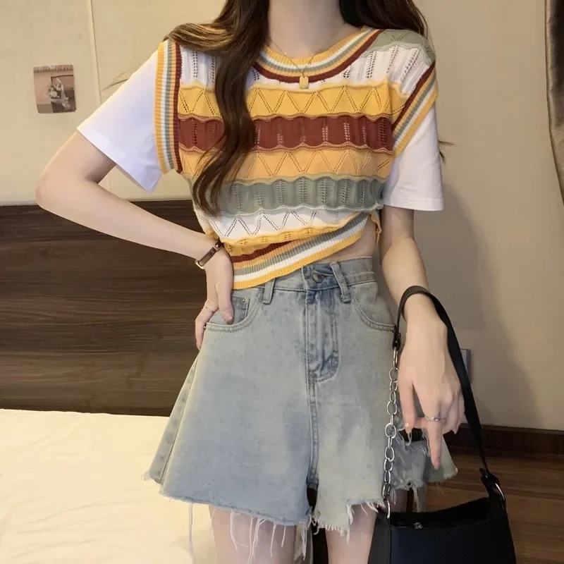 Иллюзионная футболка с круглым вырезом и цветными блоками полосатая вязаная