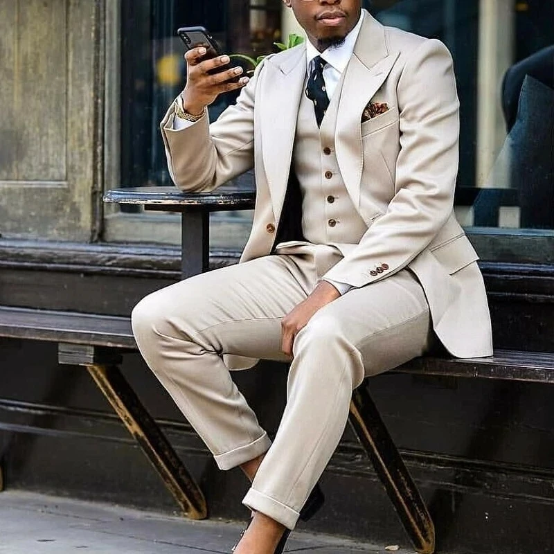 Beige Men Suits 3 Pieces Peak Lapel Slim Fit Costume Homme Groom Tuxedo Wedding  Prom Suit Terno Masculino Blazer+Vest+Pants