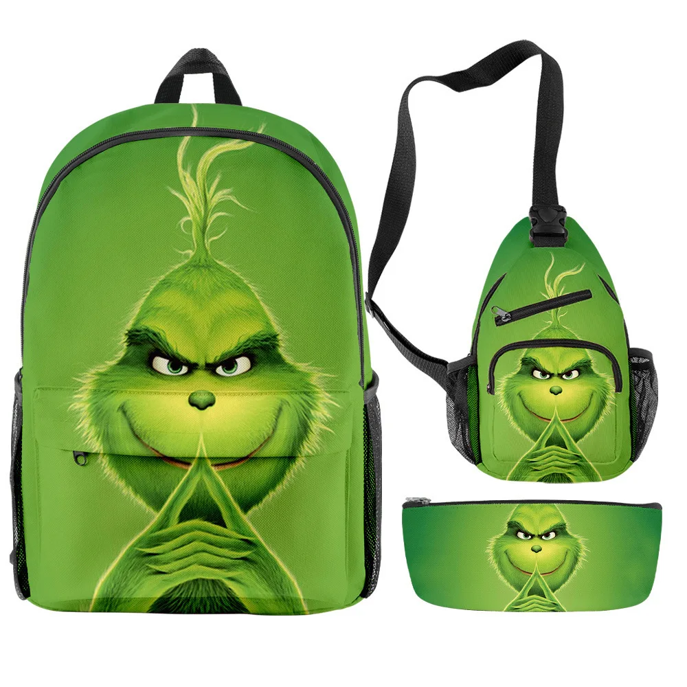 

Trendy Green Haired Grinch Youthful 3pcs/Set Backpack 3D Student Bookbag Travel Laptop Daypack Backpacks Chest Bags Pencil Case