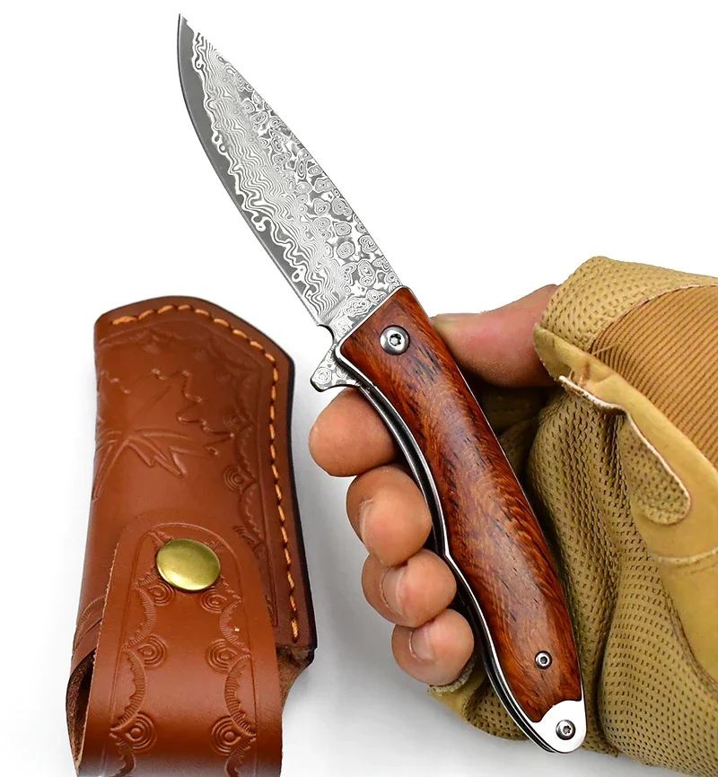 

Портативный карманный нож из палисандра, дамасский Клинок с кожаным чехлом для кемпинга, рыбалки, пешего туризма, охоты