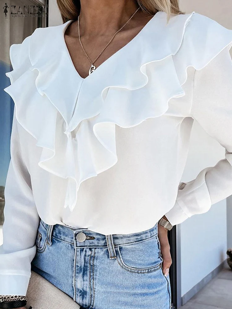 

ZANZEA V Neck Long Sleeve Ruffles Blouse Spring Elegant Shirt Casual Loose Tunic Tops Women Fashion Flounce Solid Work OL Blusas