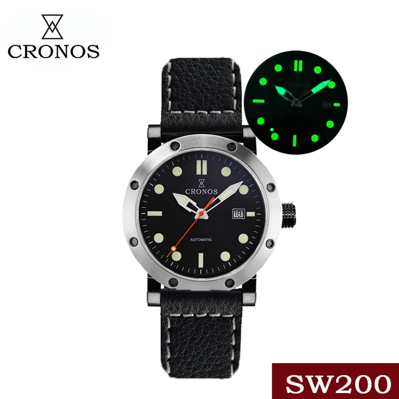 

Cronos Mechanical Men Watch Stainless Steel SW200 Water Proof Blue MOP See Through Back Quick Release Leather Strap Glow Hands