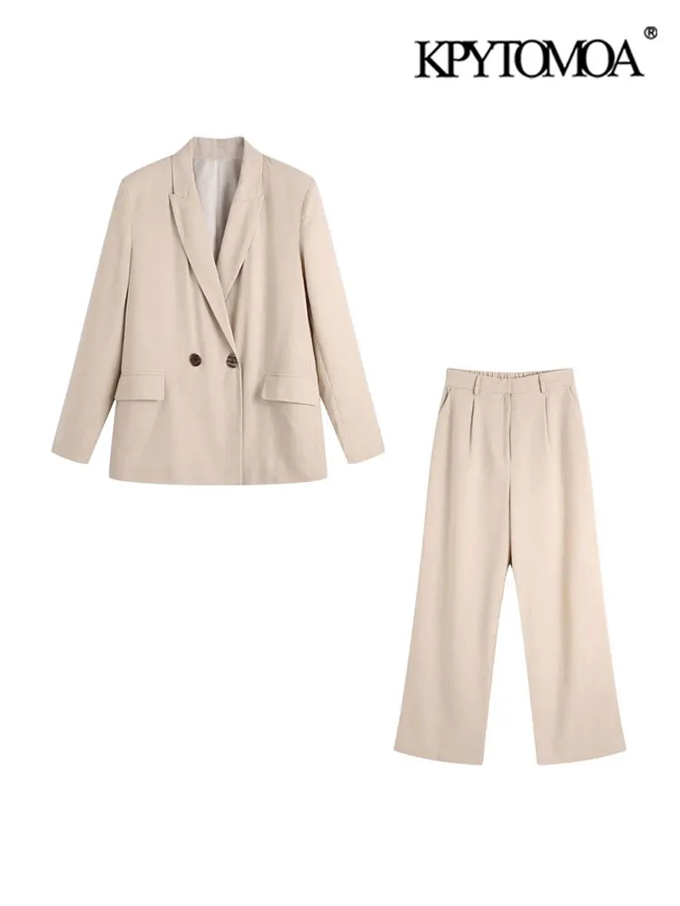 

KPYTOMOA Women Fashion Double Breasted Linen Blazer Coat Vintage High Elastic Waist Zipper Fly Pants Female Two Piece Sets Mujer
