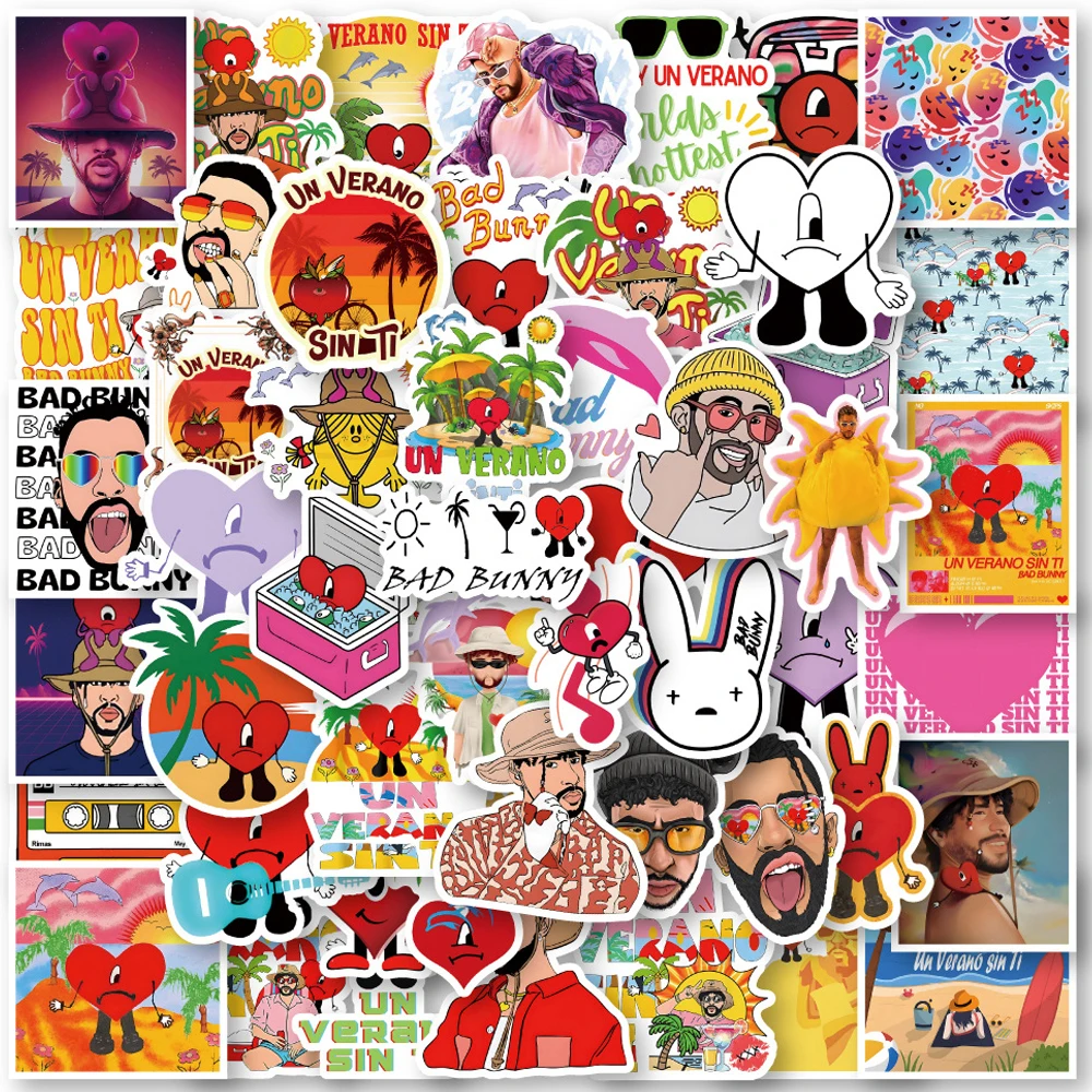 

10/30/50PCS Famous Singer Bad Bunny Cartoon Stickers Un Verano Sin Ti Kid Toy Graffiti Guitar Phone Car Decal Cool Sticker Packs