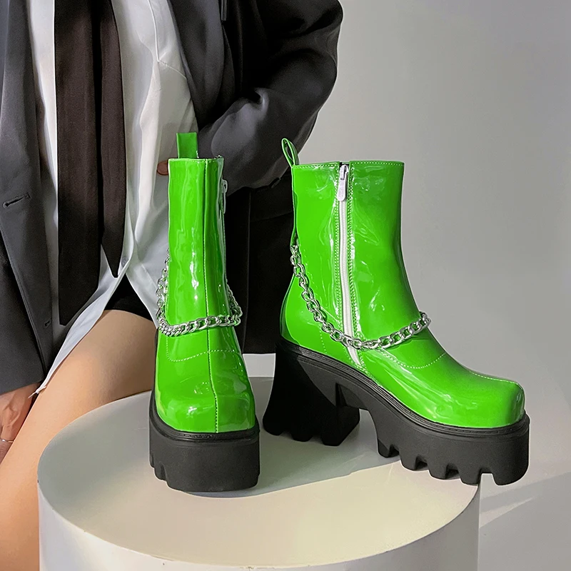 

2022 Autumn Winter Boots Women Fashion Genuine Leather Thick Heel Platform Boots Metal Chain Round Toe Punk Boots Winter Shoes