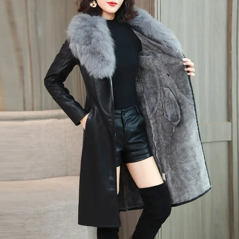 Big hair collar winter women's leather coat plus velvet thickening in the long slim waist leather coat street style coat enlarge