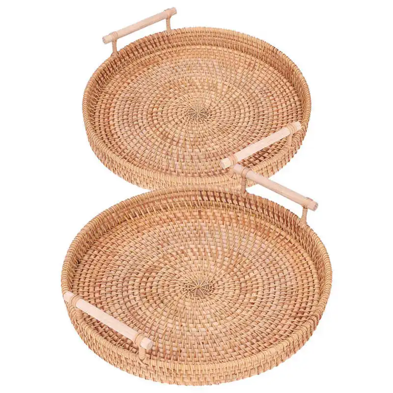 

Serving Tray Hand Woven Rattan Storage Plate Multipurpose with Handle for Baking