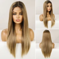 long straight synthetic lace front wigs ash blonde synthetic hair middle part transparent lace wig for women heat resistant hair