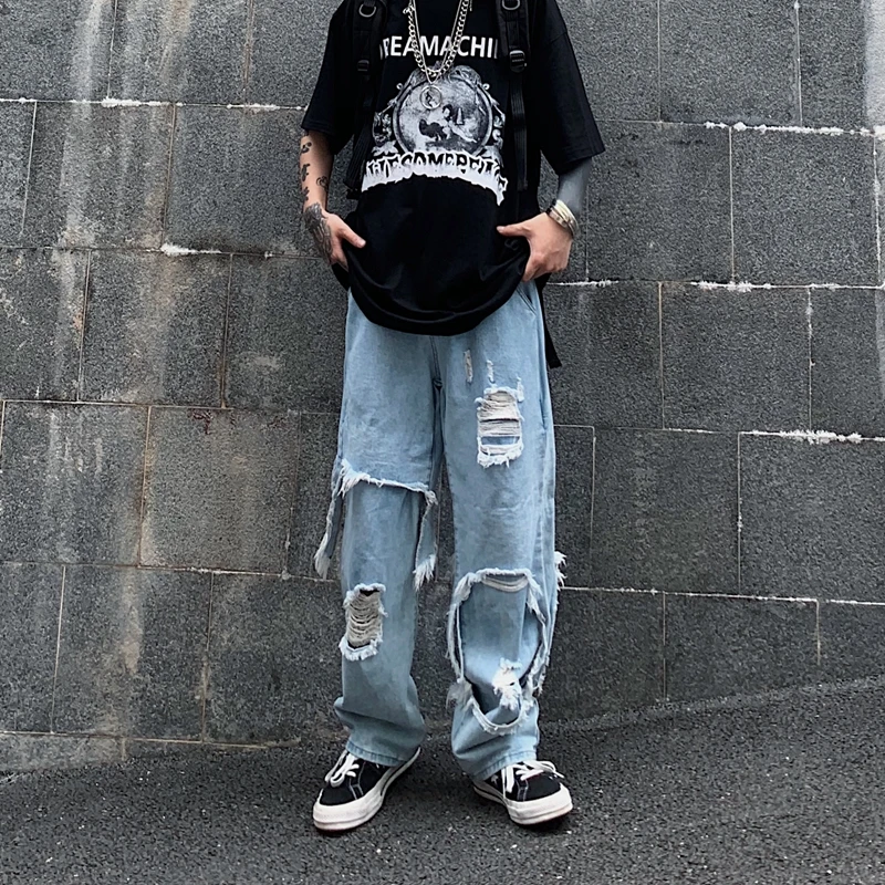 Irregular Ripped Hole Denim Pant Woman Man Straight Techwear Black Baggy Patchwork Jeans Punk Kpop Harajuku Streetwear Hip Hop