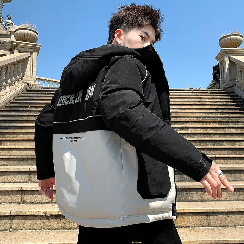 Men's Fashion Stitching Colorblock Hooded Jacket Tide Brand Thick Cotton Warm Jacket Winter Clothes Mens Jackets and Coats