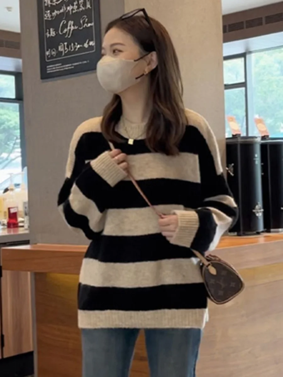 Пуловер в полоску с круглым вырезом женский осенне-зимний свитер европейском