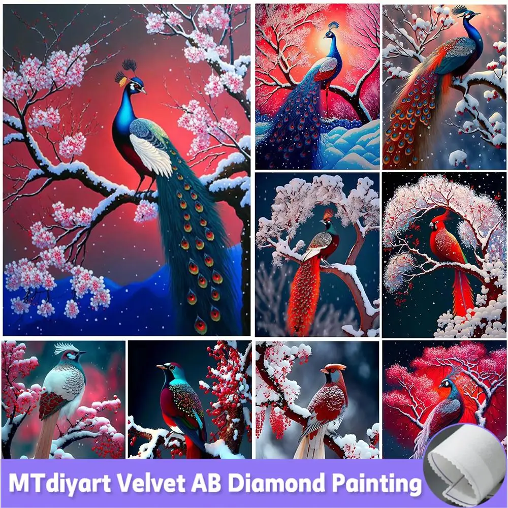 

AB Velvet Diamond Painting Animal Red Peacock Flower 2023 New Embroidery Mosaic Wall Art Rhinestone Decor Plum Blossom Snow