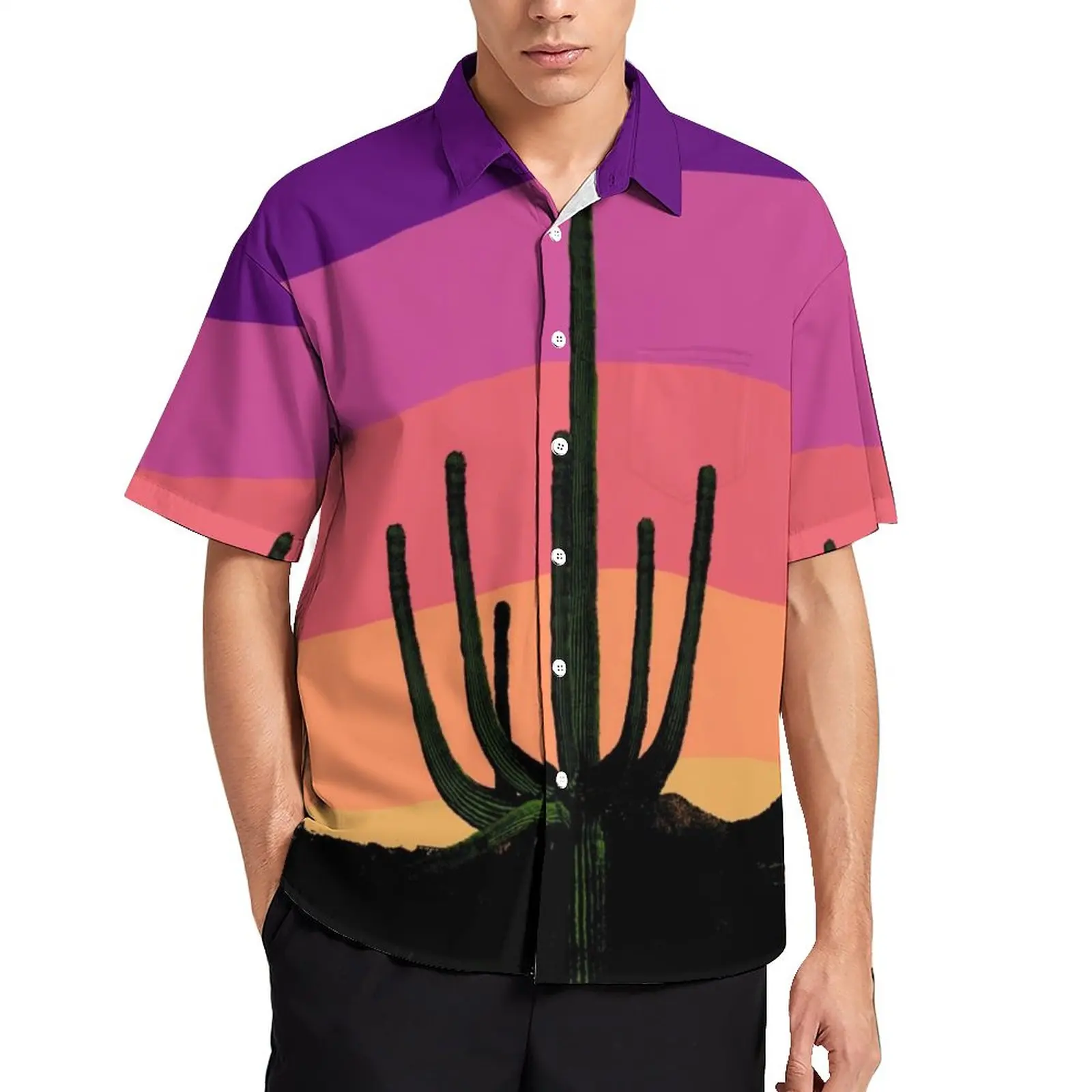 

Colorful Desert Loose Shirt Men Beach Saguaro Cactus Sunset Casual Shirts Hawaiian Design Short Sleeve Trendy Oversized Blouses